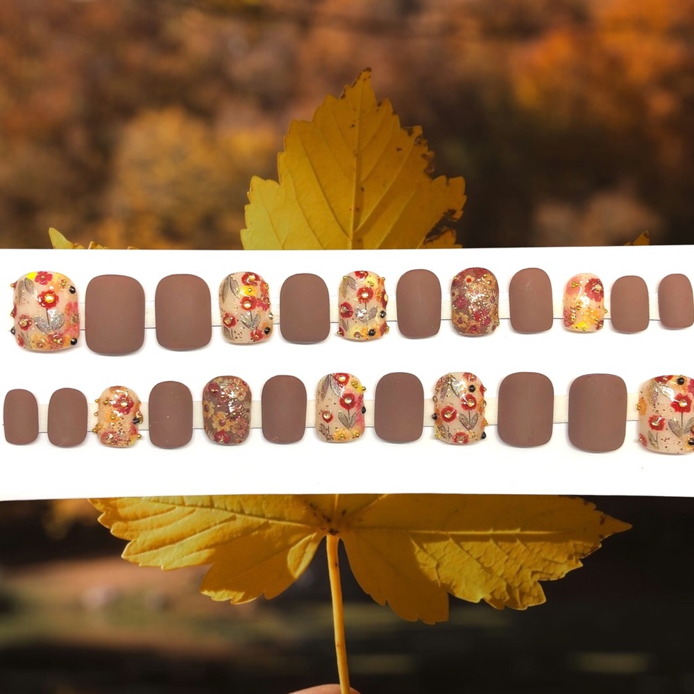 Handmade Press on Nails Short Length Square Shape Custom UV Gel Brown Fall Nails